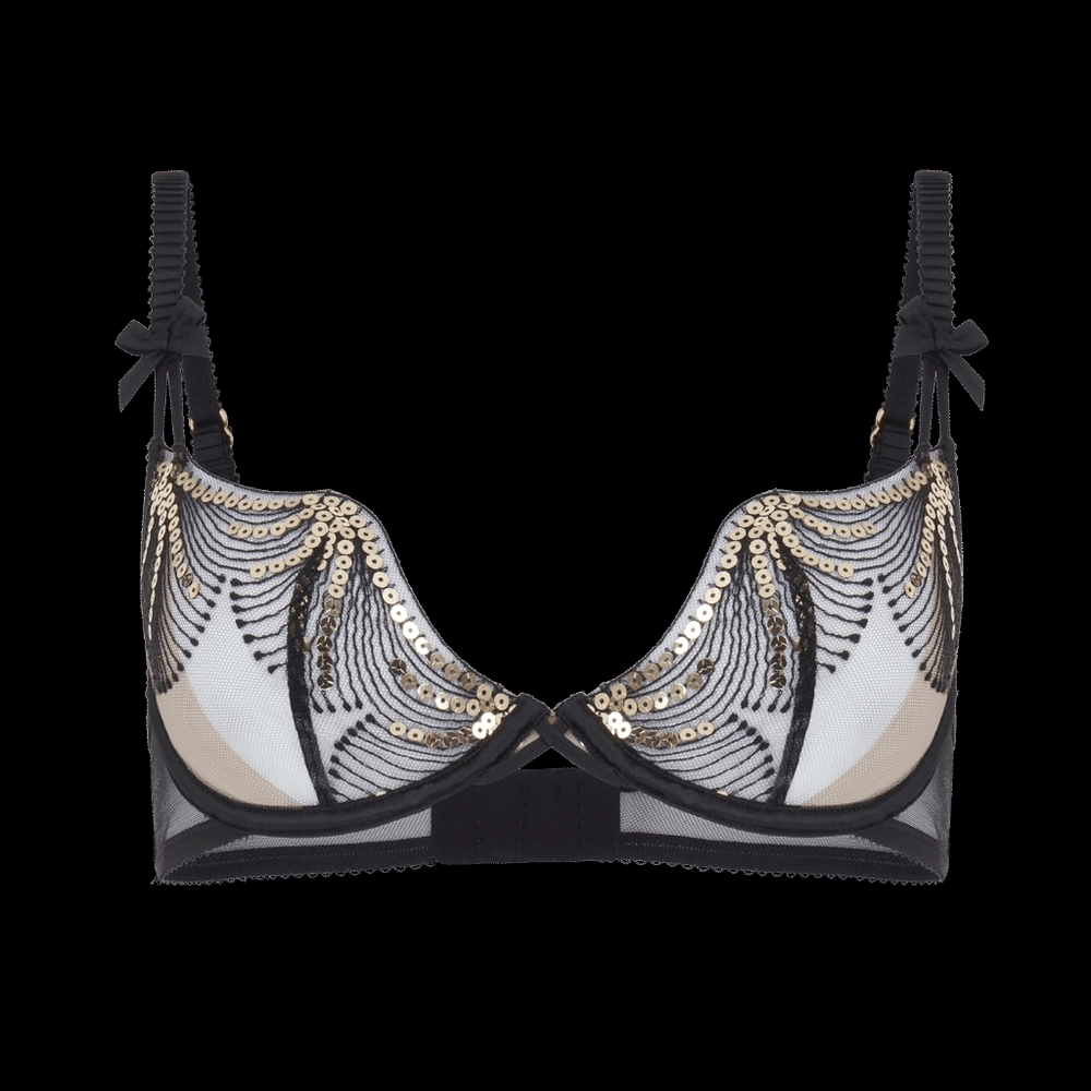 Agent Provocateur Quinny Gold Sequin-Embellished Black Tulle Demi Bra 36D